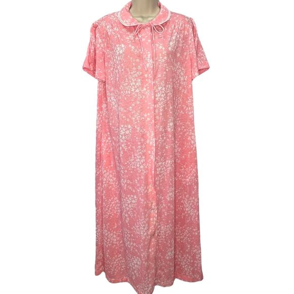 Vintage 70s JCPenney Short Sleeve Robe Pink Floral Size M Snap Button Cottage - Picture 1 of 6
